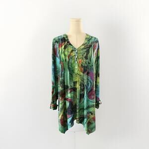 Cocomo Y2K Paisley Blouse 1X Plus Boho Roll Tab Green Stretchy Pleated Abstract